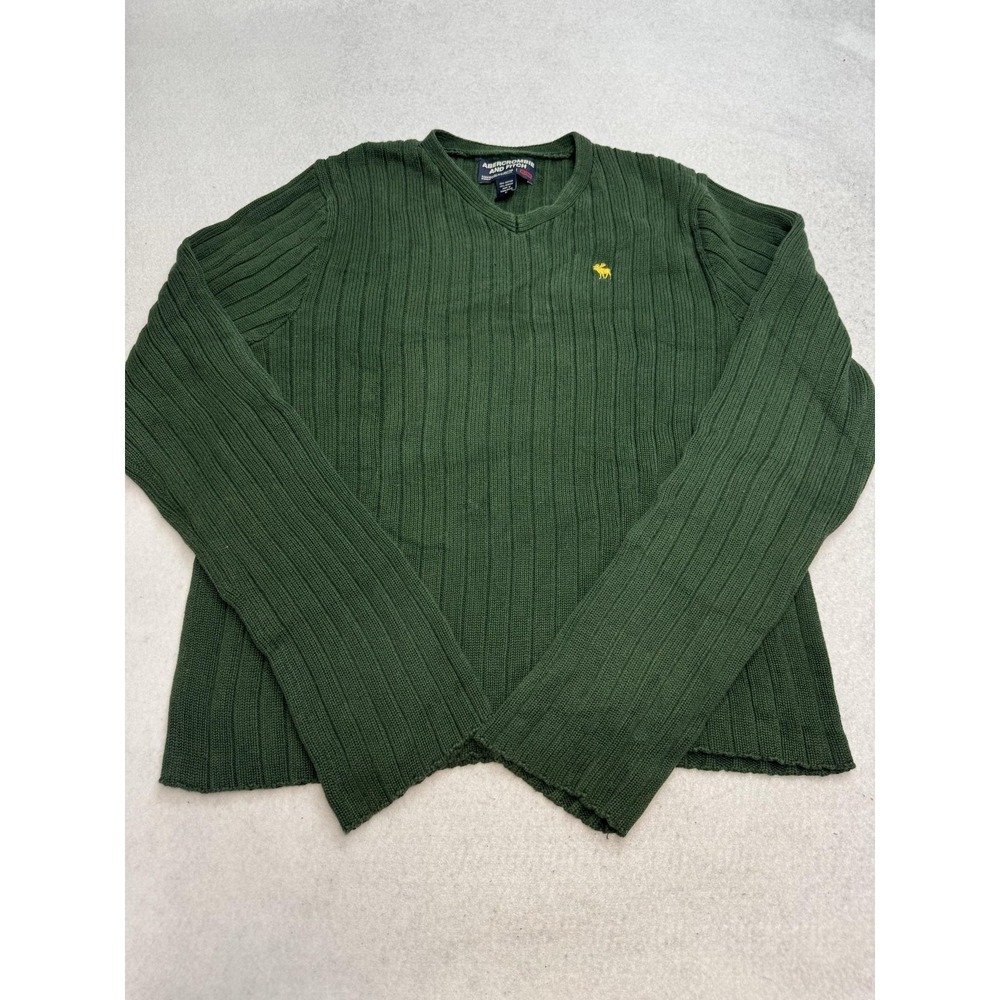 Abercrombie & Fitch Sweater Mens XL Green Cotton V Neck Ribbed Knit Pullover